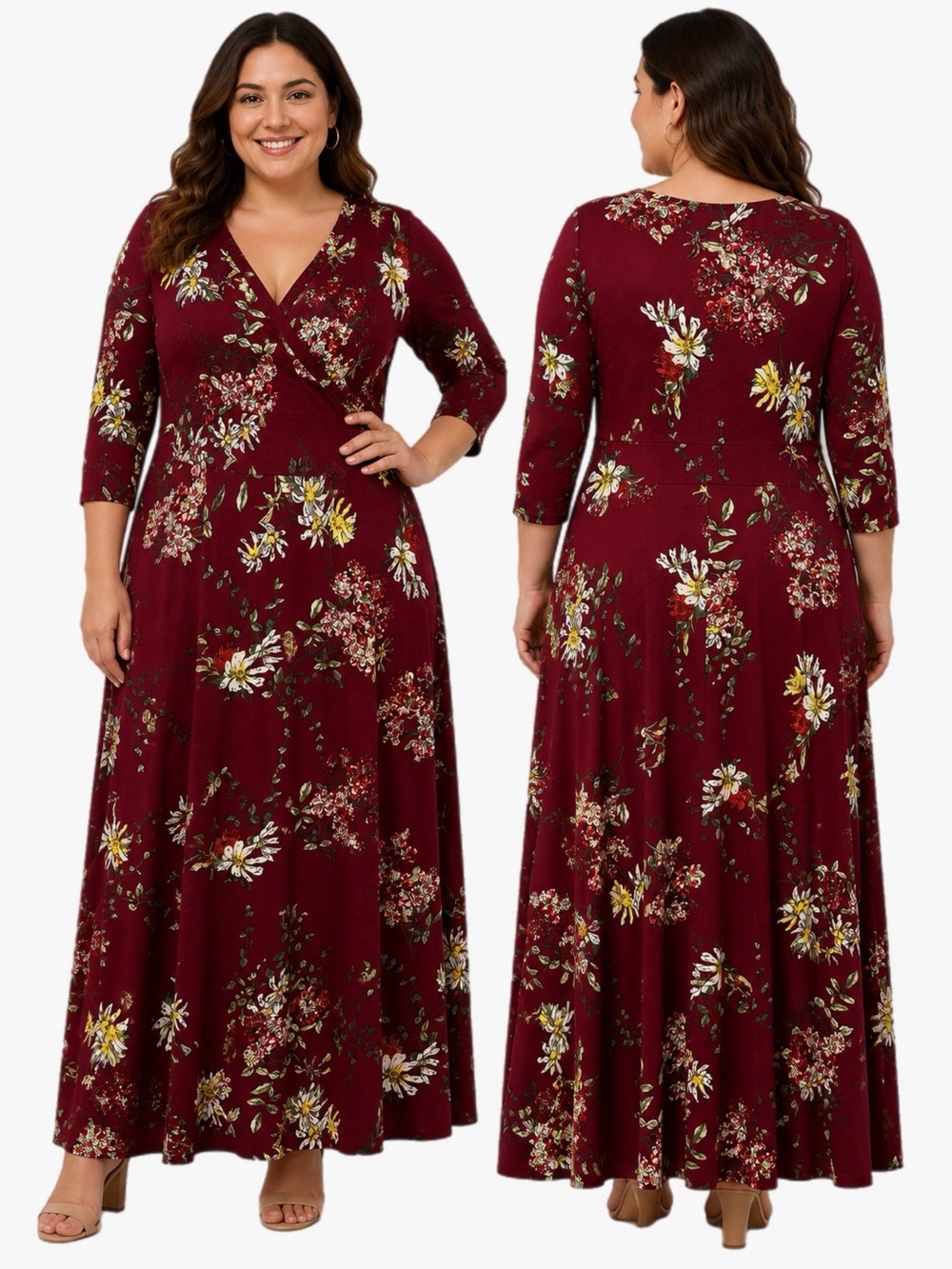 NWT Aphratti Plus Size XXL Burgundy Floral Faux Wrap Maxi Dress Boho Stretch